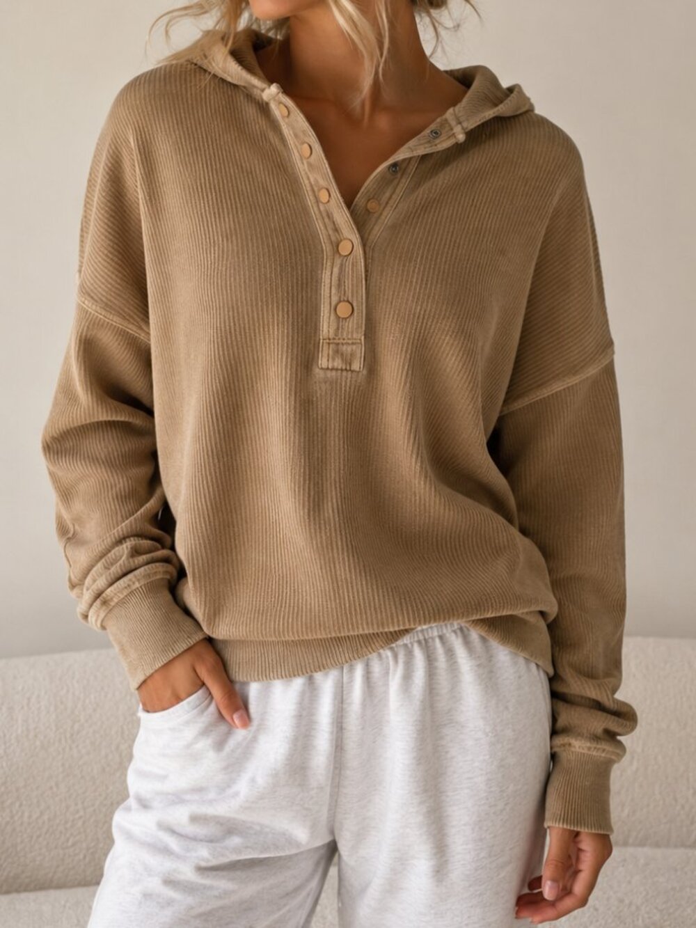 Aerie Ribbed Hoodie XXS Beige Oversized Henley Pullover Soft Neutral Lounge